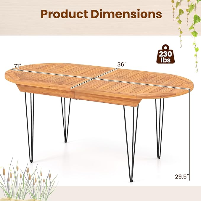 Tangkula 71" Outdoor Dining Table for 6, Oval Teak Wood 6 Person Patio Table with 2" Umbrella Hole, Metal Legs, Safety Locks and Wood Tabletop, Outside Table for Garden, Poolside & Backyard
