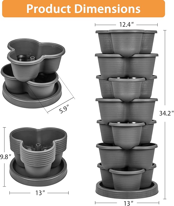 VECELO 7 Tier Vertical Garden Planter, Self Watering Stackable Planters with Wheels for Strawberries, Herbs, Flowers, Vegetables, Dark Gray