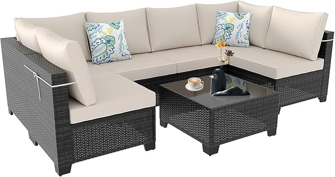7 Pieces Outdoor Conversation Sectional Rattan Sofa, Patio Furniture Set, with Wicker and Cushions for Garden and Backyard (Brown/Beige)