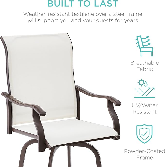 Best Choice Products Set of 2 Swivel Barstools, Bar Height Outdoor Chairs, 360 Rotating Patio Bar Stools w/All-Weather Mesh, 300lb Capacity - Ivory