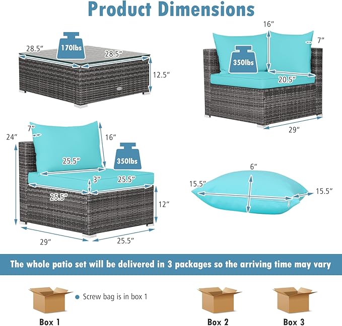 Tangkula 7 Pieces Wicker Patio Furniture Set, All-Weather Outdoor Rattan Sectional Sofa Set with Cushions & Tempered Glass Coffee Table, Outside Sofa Set for Garden, Lawn, Deck, Backyard (Turquoise)