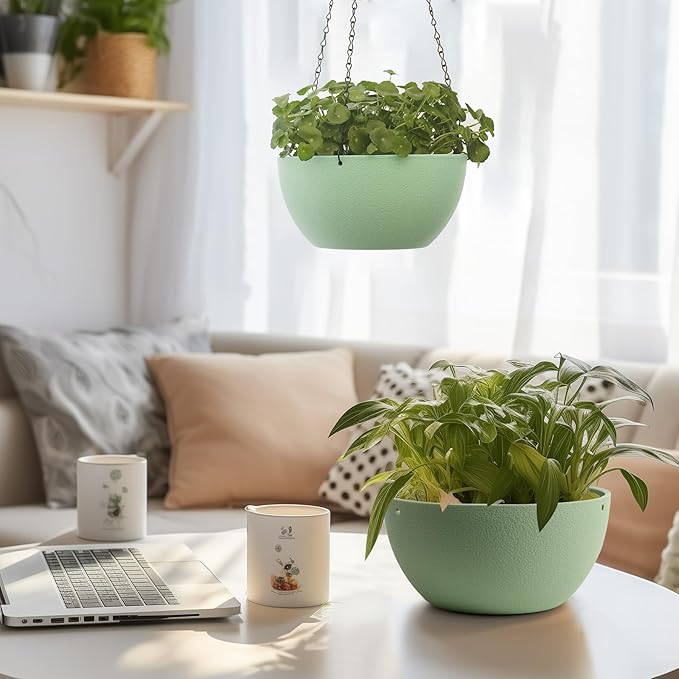 T4U 8 Inch Hanging Planter for Indoor Plants, 2 Pack Small Pots with Drainage Holes, Flower Basket Plant Holder for Home, Green