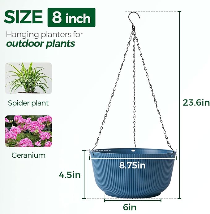 T4U 8 Inch Hanging Planters for Indoor Outdoor Plants, Self Watering Hanging Pot Pack of 2, Hanging Pots with Drainage Hole & Plug & Chain with 3 Hooks for Garden Home Decor, Blue
