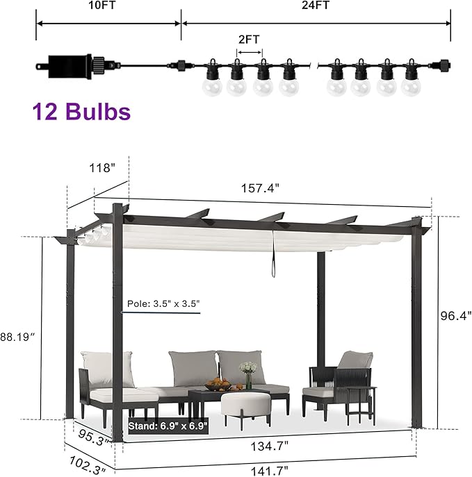 PURPLE LEAF 10' x 13' Outdoor Retractable Pergola with Double Sun Shade Canopy Patio Aluminum Pergola Metal Shelter with Light for Backyard Deck Garden, White