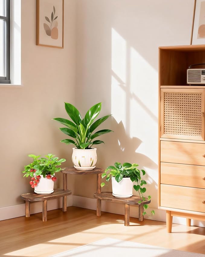 3 Tier Corner Plant Stand Indoor - Adjustable Wood Convex Flower Stand for Small Spaces, Heavy Duty Long Plant Shelf for Living Room Balcony Hallway