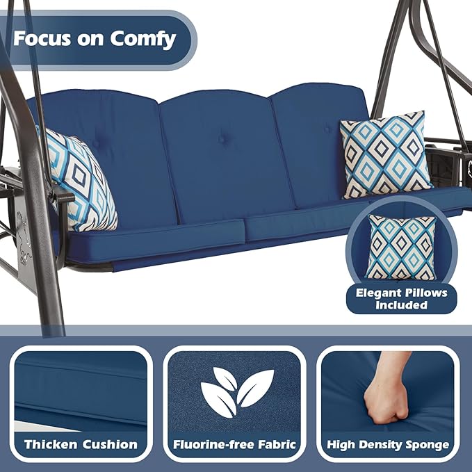 3-Seat Outdoor Porch Swing with Stand, Patio Swing with Canopy, 2 in 1 Porch Swing Bed & Patio Swing Chair for Adult w/Extra Pillows and Cup Holder for Yard (Blue)