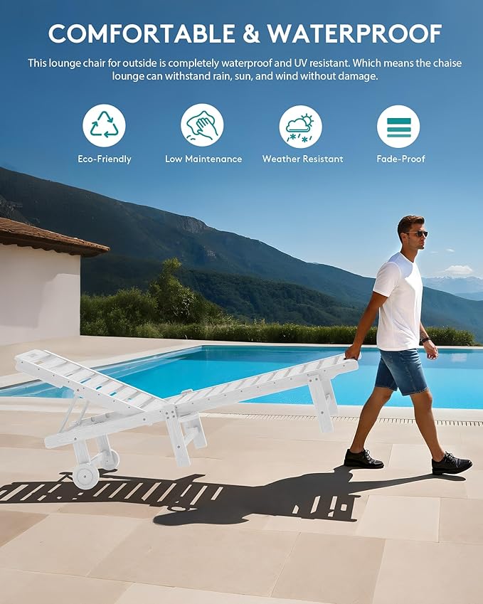 SERWALL Outdoor Chaise Lounge Set of 8, HDPE Pool Lounge Chairs with 5-Position Adjustable Backrest, Patio Loungers with Rolling Wheels & Cup Holder for Pool Sunbathing, White