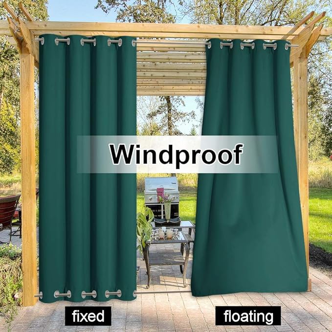NICETOWN Outdoor Patio Curtain Extra Long Drape 108" L Waterproof/Windproof, Top and Bottom Stainless Steel Grommets Keep Warm in Winter, Privacy Protect for Yard/Porch, 52" W, 1 Panel, Hunter Green