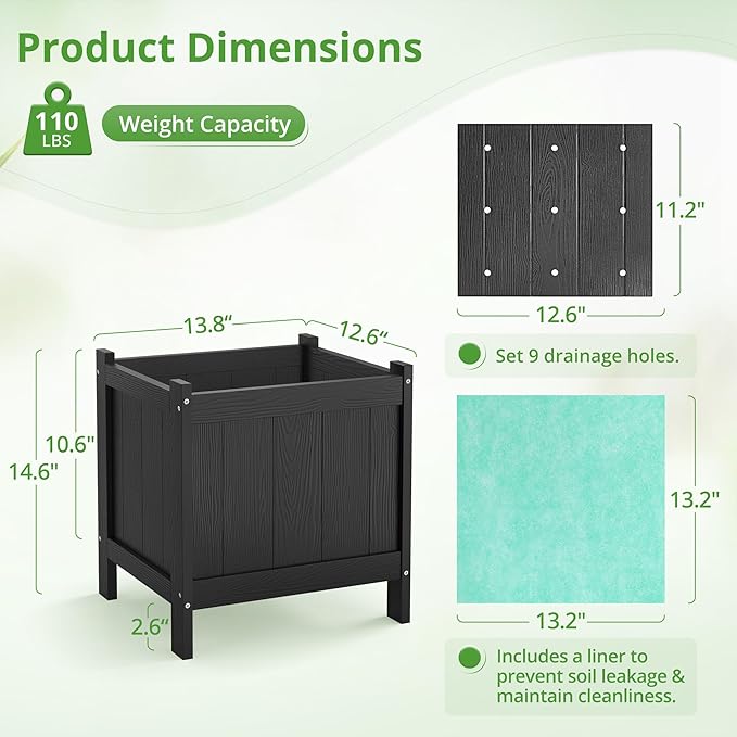 LUE BONA Outdoor Plant Pots, 13.7" x 12.5" x 14.5" HDPS Flower Pots with Drainage Holes, Outdoor Planters Boxes for Outdoor Plants - Porch Patio, Garden or Entryway, Black