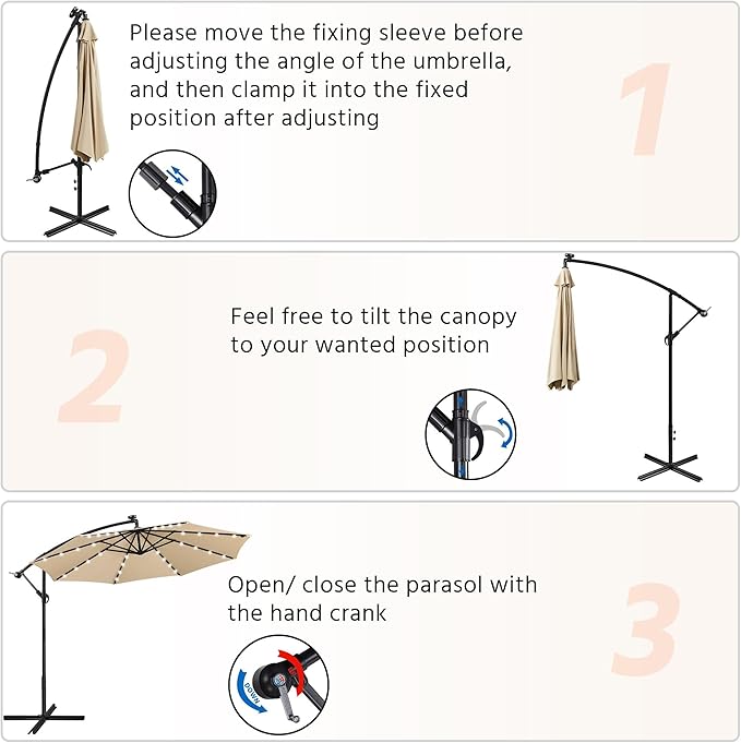 Yaheetech 10FT Solar Offset Umbrella with 32 LED Lights Cantilever Hanging Outdoor Umbrellas Handy Crank & Cross Base for Lawn/Deck/Backyard/Pool Tan