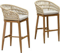 PURPLE LEAF Outdoor Rattan 29" Bar Stools Set of 2, Modern Boho Aluminum Patio Bar Height Chair with Cushion and Back for Outdoor and Indoor, Teak