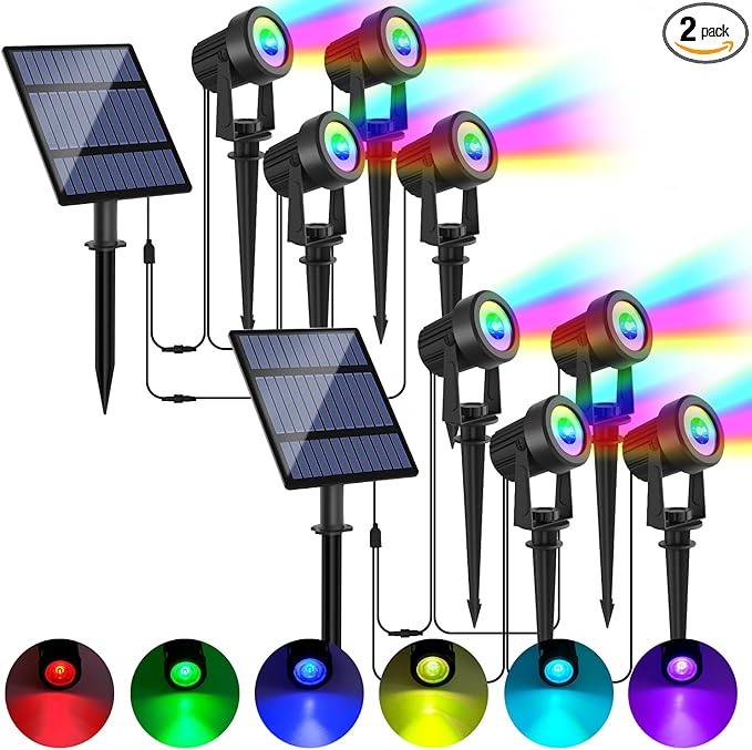 Solar Spotlights Outdoor Waterproof, RGB Landscape Spotlights, Christmas Decorative Solar Spot Lighting for Garden, Yard, Pathway, Lawn, Poolside, Party, 4-in-1 Mounted (RGB, 2 Pack)