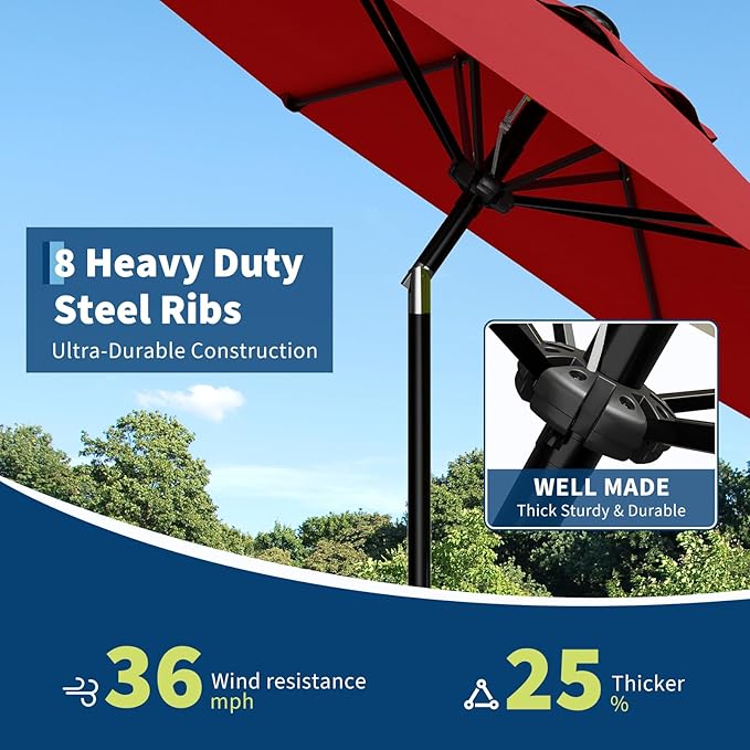 Garvee 10FT Patio Umbrella - Outdoor Table Umbrella with Smooth Crank Lift, Push Button Tilt and 8 Sturdy Ribs - Market Umbrella UV Protection Waterproof for Pool, Deck, Yard, Garden (Red)