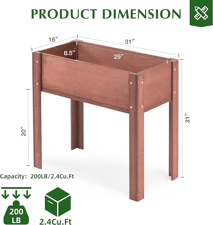 SoliWood Set of 2 Raised Garden Bed with Legs, 31x16x31'', Outdoor Wood Elevated Planter Box, Thick Legs, w/Liner