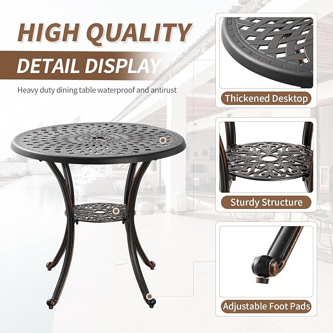 31" Round Patio Dining Table with Umbrella Hole, Cast Aluminum Bistro Table Outdoor Side Table for Backyard, Garden, Patio, Porch