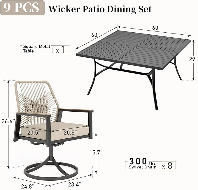 Patio Dining Set 9 Piece, 8 x Woven Rattan Swivel Chairs with Waterproof Cushion, 60" Square Metal Dining Table with Umbrella Hole, Outdoor Table and Chairs Set for Backyard Lawn and Deck, Beige