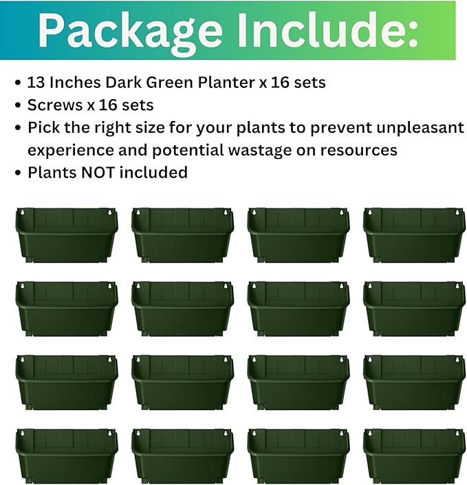 Maxona Vertical Garden Planter - 16 Pack, 13 inch Wall Mounted Planters for Patio Outdoor Decor, Home Green Plastic Balcony Pot, Plant Vegetable Fruit Herb Hanging Pocket Holder Flowerpot