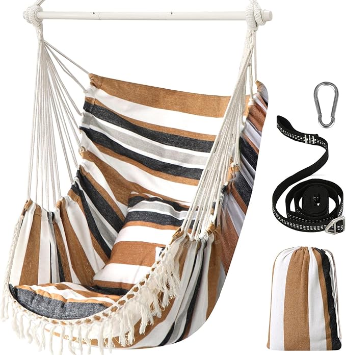 Chihee Hammock Chair Hanging Swing Max 500 Lbs 2 Cushions Included Metal Spreader Bar with Anti-Slip Grooves Portable Hanging Chair Side Pocket Large Macrame Bohemian Chair Indoor Outdoor