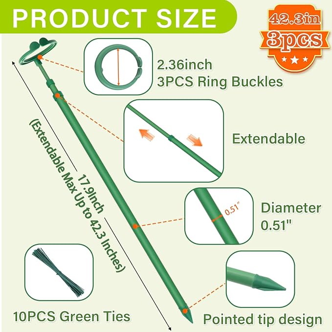 Extendable Plant Stakes,Adjustable Length from 17.9IN to 42.3IN Monstera Support Stakes with Clips,Sturdy Plant Stakes for Indoor Outdoor,Garden Sticks for Tomato,Orchid,Climbing Plants- 3Pack
