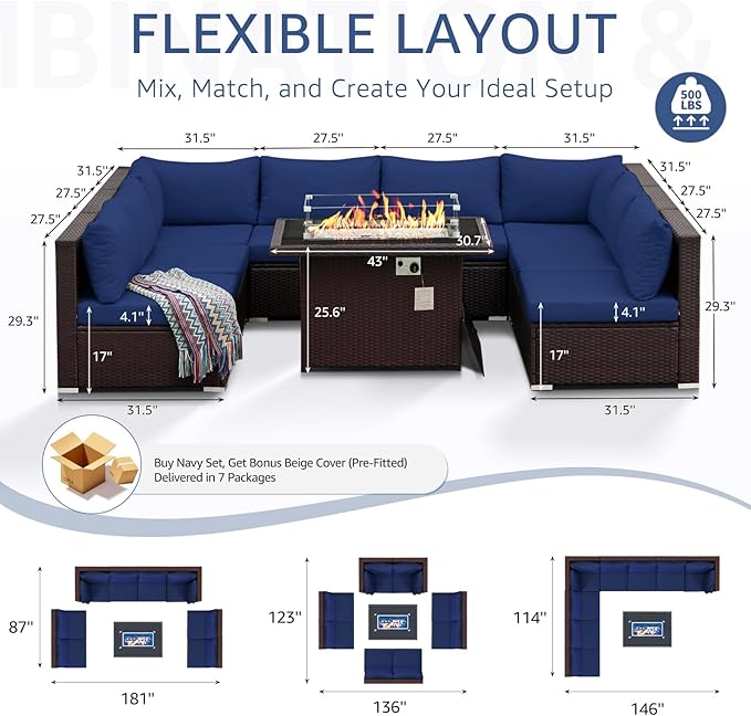 NICESOUL Large Size 9 Pcs Outdoor Patio Sectional Sofa Set with Firepit Natural Gas/Propane, 29.3'' High Back Conversation Sectional Couch Sets Deep Wide Sitting, Brown Rattan and Navy Blue Cushion