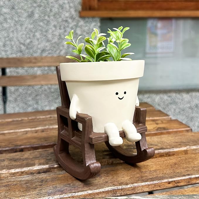 Smiley Face Planter Pot Small, Cute Resin Flower Head Planters for String of Pearls Plant Live Indoor Outdoor Unique Sit Rocking Chair Succulent Pots Gift Ideas for Family Friends with Drainage Hole