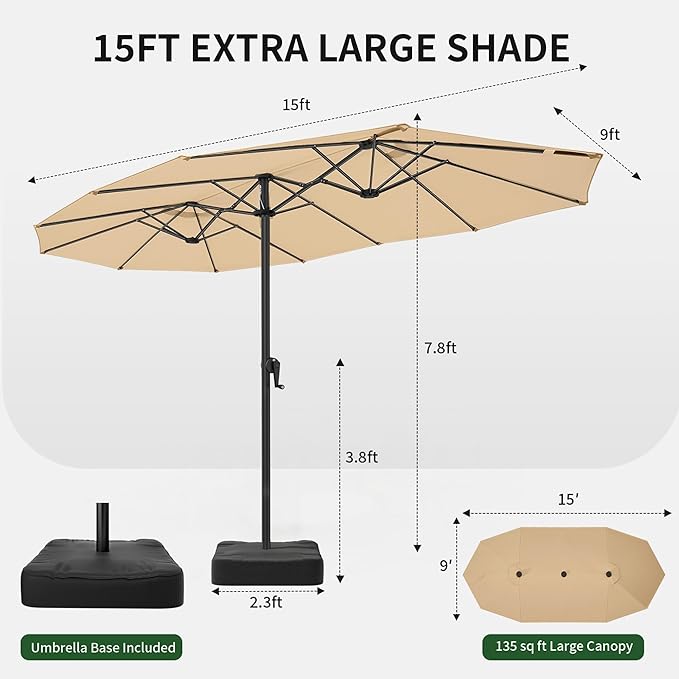 OLILAWN Patio Table Umbrella, 15ft Large Deck Umbrella with Base Included, Outdoor Double-Sided Rectangle Market Umbrella with Aluminium Crank, 12 Sturdy Ribs, for Deck Porch Garden, Cream