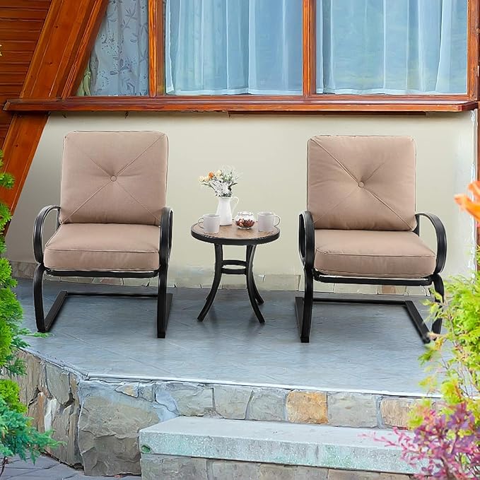 PHI VILLA Outdoor Round Side Table Set of 2, 19" Small Metal End Table with Wood Top, Outside All Weather Coffee Bistro Table for Patio, Deck, Porch, Balcony, Indoor
