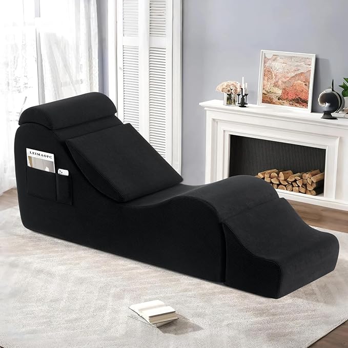 Yoga Chair Lounge for Adult, Ergonomic Chaise Lounge Chair with Side Pocket, Headrest, Waist Pad, Ottoman，Perfect for Stretching, Massage, and Relaxation, Used in Living Room, Bedroom（Black）