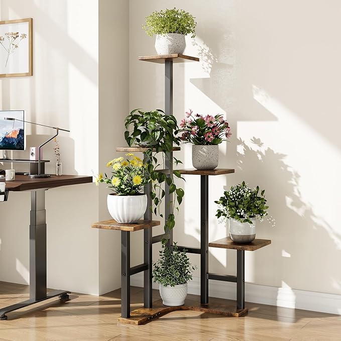 Corner Plant Stand Indoor with Grow Lights, 6 Tiered Corner Plant Shelf Flower Stand for Multiple Plants, Plant Shelves Organizer Rack for Living Room, Balcony, Patio, Square Rustic Brown