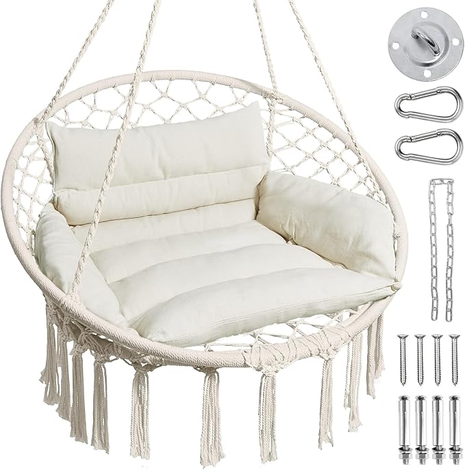 Greenstell Hammock Chair, Macrame Swing Chair with Comfy Cushion, Boho Hanging Chair for Outdoor & Indoor, Perfect for Bedroom, Patio, Balcony, Hold up to 350Lbs, Beige
