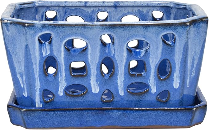 W&W Orchid Pot with Holes and Saucer for Repotting, White and Blue, 9.7 Inch