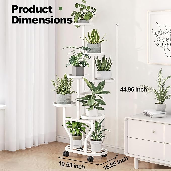 Plant Stand with Wheels 6 Tier Metal Flower Shelf for Indoor Outdoor Corner Multiple Plants Holder Rack for Bedroom Living Room Garden Balcony Yard White (White, 6 Tier)