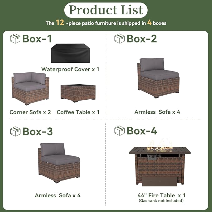 Aoxun 12 Piece Patio Furniture Set with 44” Fire Pit Table Wicker Rattan Outdoor Sectional Sofa Set with Coffee Table and Thickened Cushions, Grey (Waterproof Cover Included)