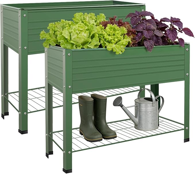 2-Pack Raised Garden Beds - Galvanized Steel Planter Boxes, 400 lb Capacity, 5 Drainage Holes & 2 Flow Channels, Elevated Garden Bed with Mesh Bottom for Outdoor Gardening