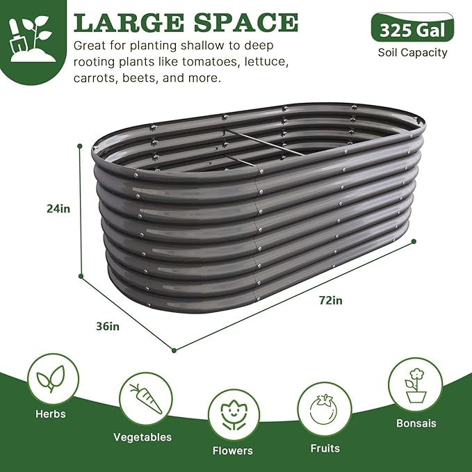 A ANLEOLIFE 6X3X2 ft Galvanized Raised Garden Beds Outdoor, Oval Large Metal Deep Root Planter Box for Planting Vegetables Flowers Herb, Anti-Rust & Easy-Setup, Quartz Grey