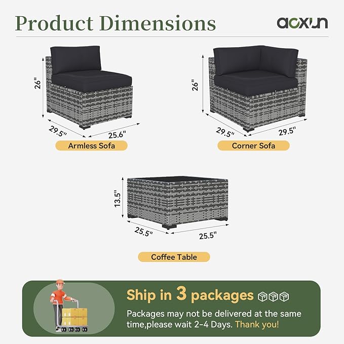 Aoxun 10 Piece Patio Furniture Set Wicker Rattan Patio Conversation Set Outdoor Sectional Sofa Set with Coffee Table and Thickened Cushions, Gray/Black(Waterproof Cover Included)