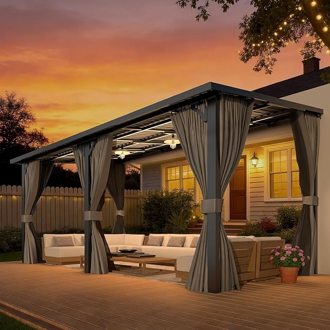 AECOJOY 16'x8' Outdoor Hardtop Metal Gazebo with Curtain and Netting for Patio, Large 8x16 Lean to Wall Mounted Pergolas and Grill Gazebos Clearance, Heavy Duty Galvanized Steel Roof Awnings for Decks