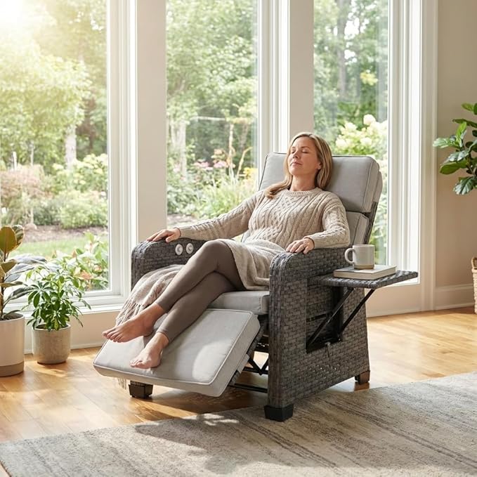 Restland Outdoor Recliner with Independent Adjustable Back & Footrest Wicker Patio Reclining Chair with Flip Table Comfortable Lounge Chair & Thick Cushion for Deck, Porch (Grey)