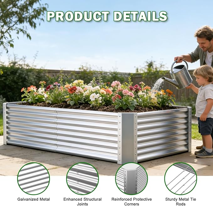 Galvanized Raised Garden Bed Kit Outdoor Patio,8x4x2ft Large Rectangular Metal Planter Boxes,Deep Root Box Planter for Gardening, Vegetables, Flowers, Herbs, 1 Pack, Silver