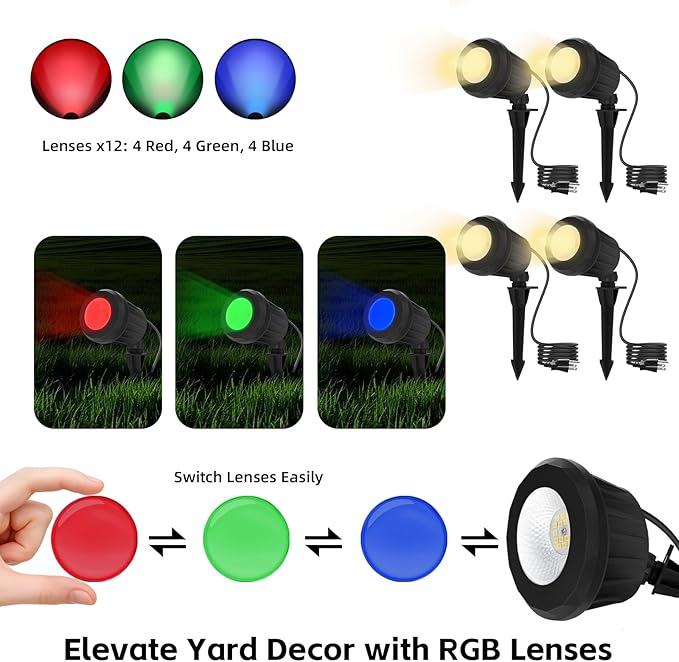 Spotlight Outdoor – 120V Plug-in, 2700K Warm White LED Landscape Spot Lights with RGB 3 Lenses for Yard, Garden, Lawn&Tree Decor, IP67 Waterproof, Perfect for Holidays&Everyday (4 Pack, Black)