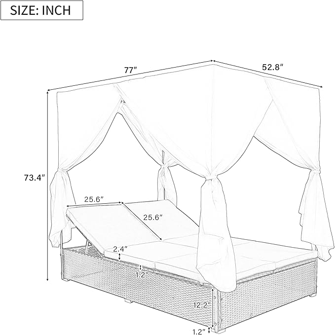 Patio Chaise Lounge, PE Rattan Outdoor Patio Wicker Sunbed Daybed with Adjustable Seats, Four-sided Canopy, Overhead Curtain and Blue Cushions for Backyard, Garden, Poolside (for 2-6 people)