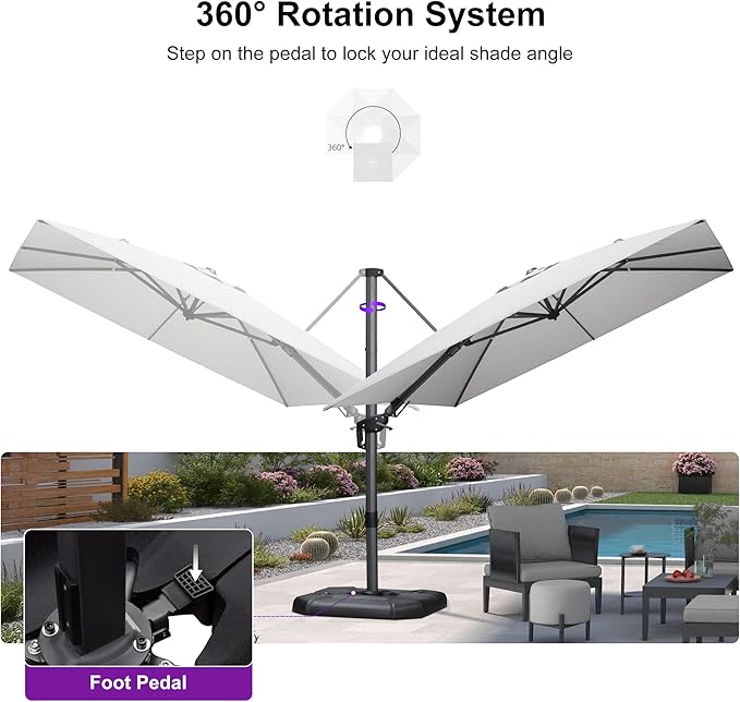 PURPLE LEAF 9' X 12' Right-left Tilt Patio Umbrella with Base Outdoor Cantilever Swivel Rectangle Umbrella Aluminum Offset Umbrella with 360-degree Rotation for Garden Deck Pool Patio White