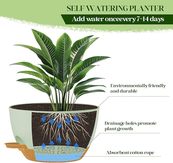 2 Pack 10 Inch Self Watering Hanging Planters for Indoor Plants, Large Green Brown Plastic Hanging Pots with Chains for Outdoor Patio Garden Home Decor (Green Brown)