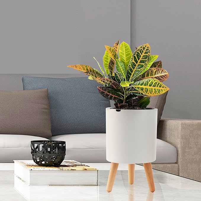7.8 Inch Planter Pot with Solid Wood Legs, Self Watering Planter Pots with Water Shortage Alarm Planter Pot for Indoor Outdoor Modern Flower Planter for Home & Garden(White)