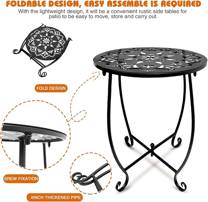 Patio Side Table, Weather Resistant Metal Side Table, Small Round Outdoor End Table Accent Side Table for Patio Yard Porch Balcony Garden Bedside Plant Stand Indoor Outdoor (H 17Inch) (1)