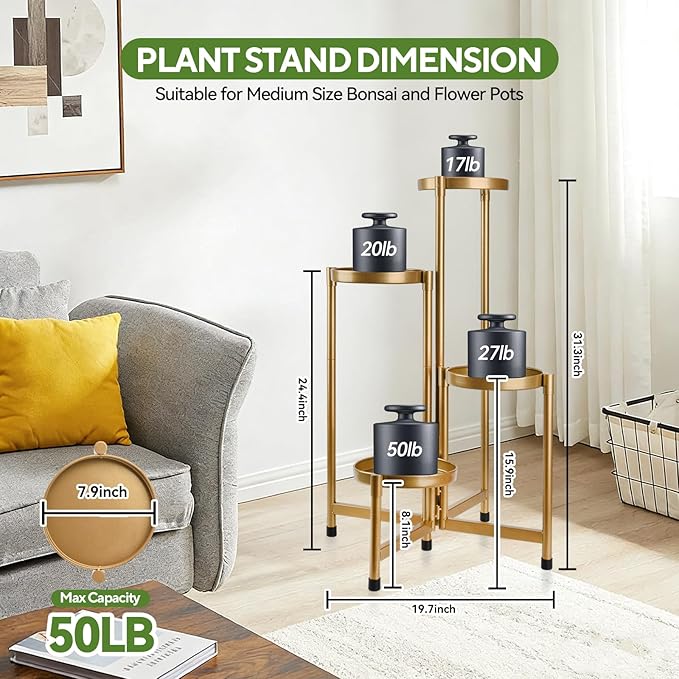 4 Tier 31 Inch Plant Stand Indoor Outdoor, Metal Plant Shelf Waterproof, Plant Holder with Folding Design For Home, Living Room, New Upgrate Gold