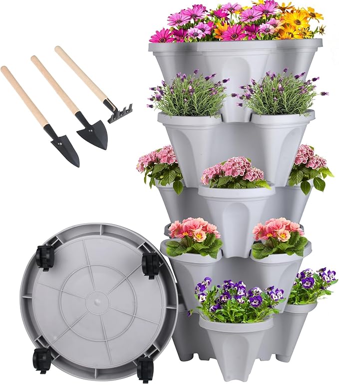 GameXcel Vertical Planter 5 Tier Stackable Planters Garden Planters Strawberry Herb Flower and Vegetable Planter Indoor Outdoor Gardening Pots with Removable Wheels and Tools
