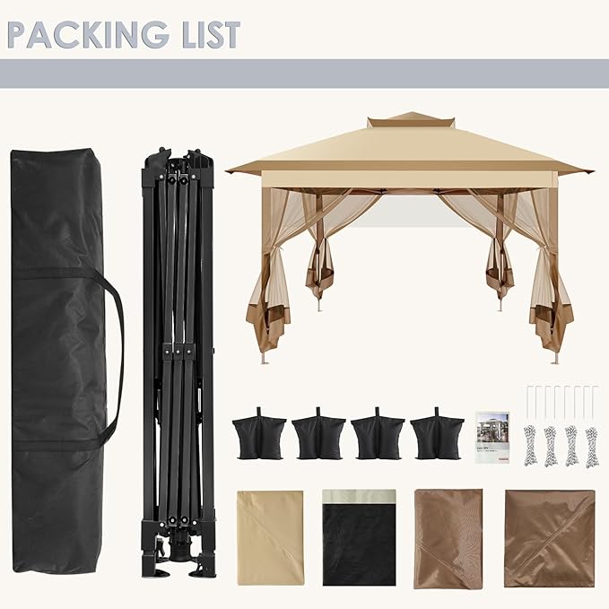 COBIZI 11x11 FT Pop up Gazebo Canopy Tent - Outdoor pop up gazebos on Clearance,carpas para Patio,Shelter - Screen Tents with Portable Carry Bag,Patio Gazebos for Camping,Garden,Deck,Backyard,Khaki