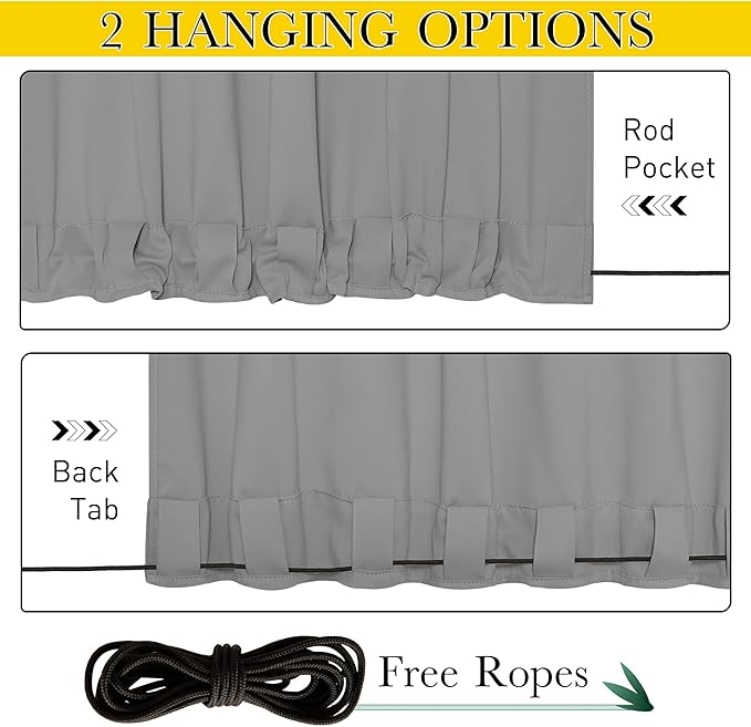 NICETOWN 2 Panels Outdoor Curtains for Patio Waterproof & Windproof, Thermal Insulated Top & Bottom Grommet & Back Tab Sun Blocking Outdoor Drapes with Fixed Rope for Gazebo, Silver Grey, W66 x L90