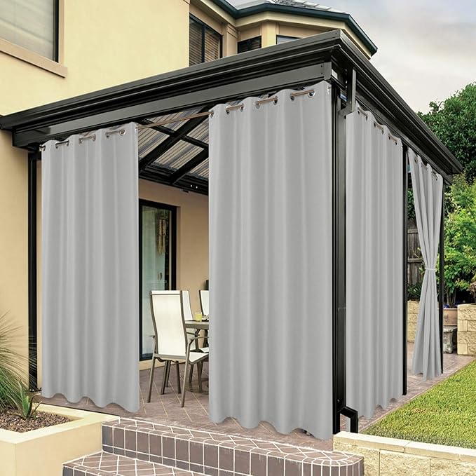 BONZER Waterproof Indoor/Outdoor Curtains for Patio Thick Privacy Grommet Curtains for Bedroom, Living Room, Porch, Pergola, Cabana, 1 Panel, 84W x 120L inch, Silver
